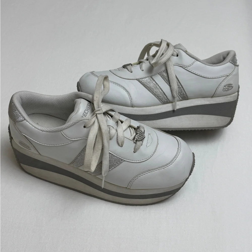 Vintage Y2K Platform Skechers Silver & White Heart Charms Size 9 Retro 90’s